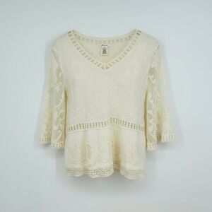 Ultra Pink Womens Embroidered Lace V Neck Blouse Cream Medium